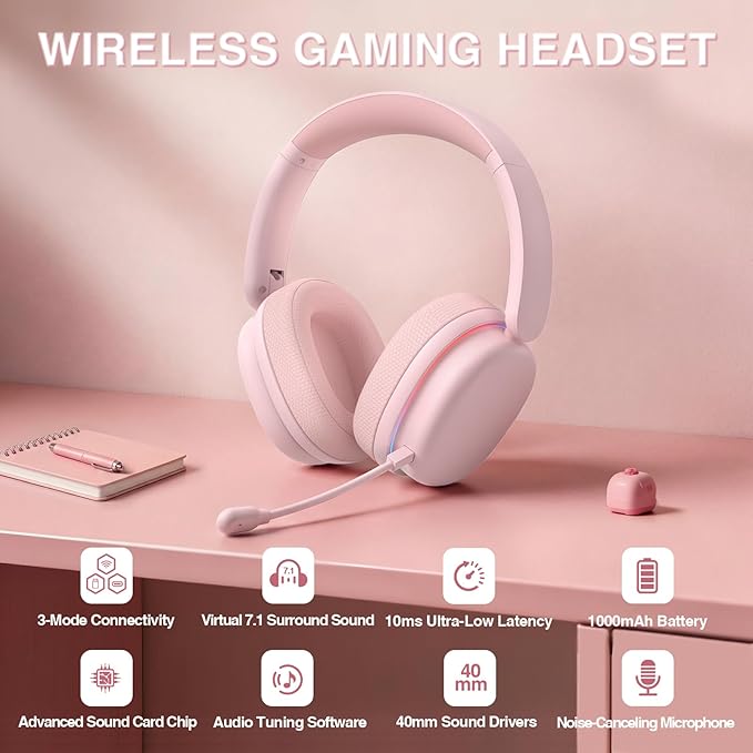AULA G7 Pro Wireless Gaming Headset with 7.1 Surround Sound, 40mm Driver, BT5.3 Gaming Headphones with Mic, RGB, 10ms Latency, 65H Battery, Pink Gaming Headset for PS5,PS4, Switch,Xbox,PC,Phone, Mac