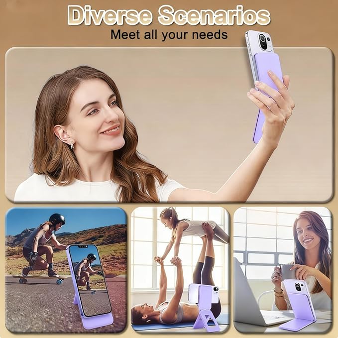 Magnetic Phone Stand, Compatible with All Smartphones 17/16/15/14/13/12 Series, Slim PU Leather Desk Stand with Multi-Angle Adjustment, Portable & Includes 1 Strong Magnetic Ring for Any Phone(Purple)