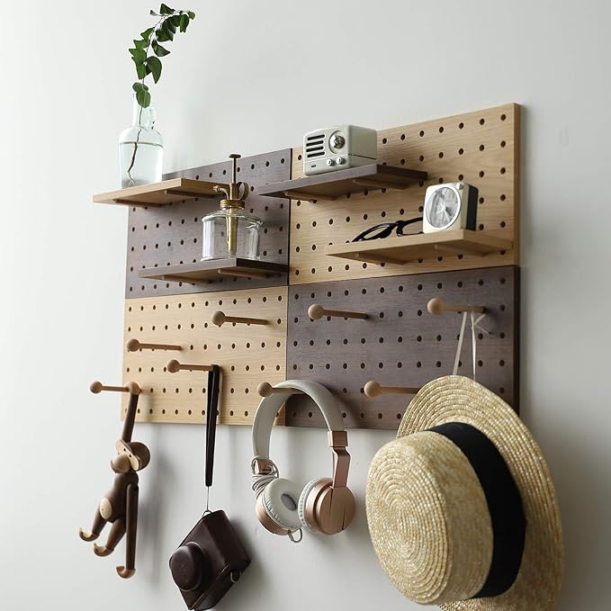 Wooden Pegboard Modular Display Organization Storage Wall Hooks Shelf(Color:Oak)