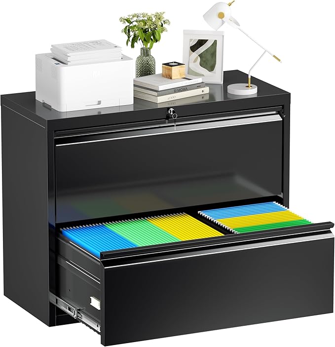 Bonusall Lateral File Cabinet with Lock, 2 Drawer Locking Lateral Filing Cabinet for Legal/Letter Size, Metal Horizontal File Organizer with Hanging Rack for Home Office, Heavy Duty, Black