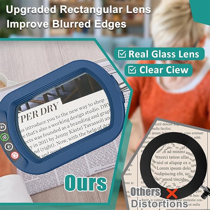 IVMAIE 10X Rectangle Magnifying Glass with Light, 5 Color Modes Stepless Dimmable Magnifier with Stand, LED Lighted Clamp Desk Lamp with Swing Arm, Hands Free for Reading Painting Close Work - Blue