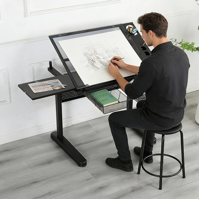 Adjustable Drafting Table with Hand-Crank Lift, 0-75° Tilting Tempered Glass Art Desk with Metal Drawers & Slide-Out MDF Side Table, Height Adjustable 29.5"-41.3" Drawing Desk with Storage & Stool