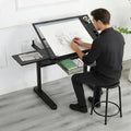 Adjustable Drafting Table with Hand-Crank Lift, 0-75° Tilting Tempered Glass Art Desk with Metal Drawers & Slide-Out MDF Side Table, Height Adjustable 29.5"-41.3" Drawing Desk with Storage & Stool