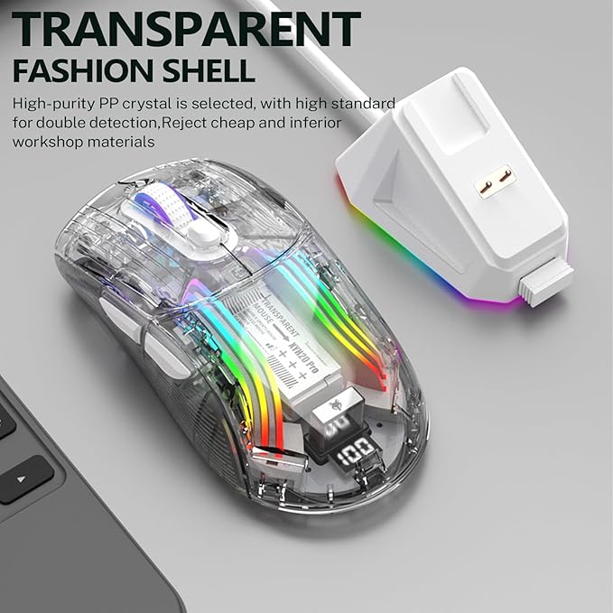 Wireless Gaming Mouse with Transparent RGB Mechanical, Tri-Mode 2.4GHz/Bluetooth/Wired Mouse, Charging Base, Digital Display,Silent Mice, 7 Buttons, Computer Mouse for Gaming and Esports (White)