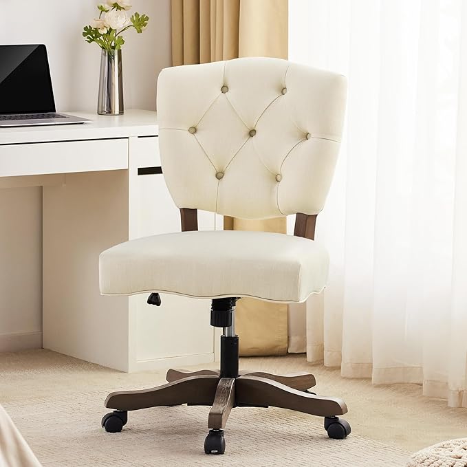 HUIMO Upholstered Swivel Desk Chair Chenille Tufted Fabric Home Office Chair with Wheels Adjustable Height Classic Task Chair with Wooden Legs Comfortable Armless Chair for Studio Study (Cream)