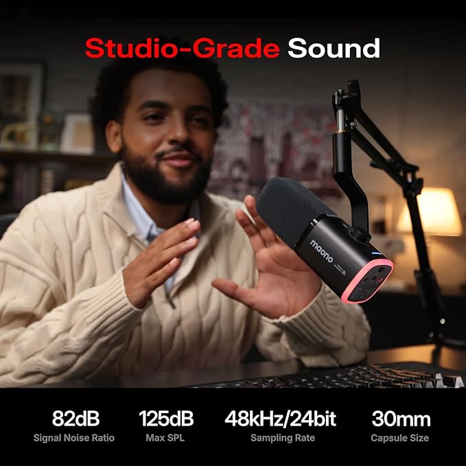 MAONO PD100WS Wireless Gaming Microphone for PC, Dynamic Streaming USB Mic with 3 Level Noise Cancelling,RGB,Mute Button, Software EQ,Computer Boom Mic for Podcast, Vocal Recording, Black