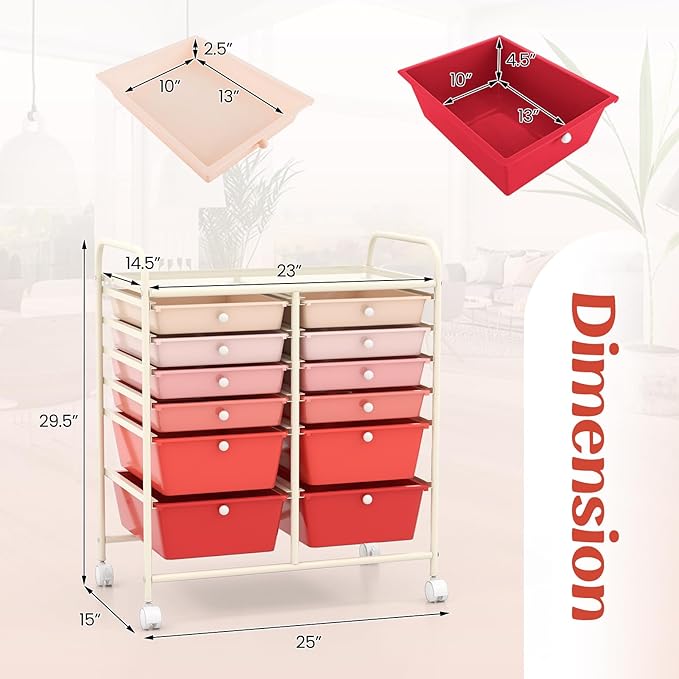 Moccha 12-Drawer Rolling Storage Cart - Utility Cart on Wheels with Lockable Casters for Craft Art Supply Paper Salon, Mobile Drawer Carts for Classroom Teacher School Office (Gradient Pink)