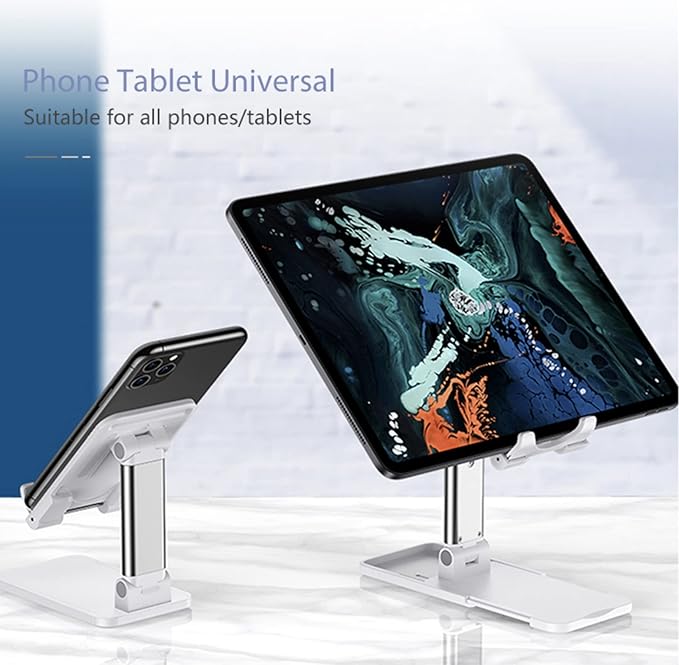 Cell Phone Tablet Stand Mount Fully Foldable Dock Holder Cradle Charger Station Desk Room Office School Kitchen Travel Portable Adjustable Multi-Angle Non-Slip Durable Stable (White)