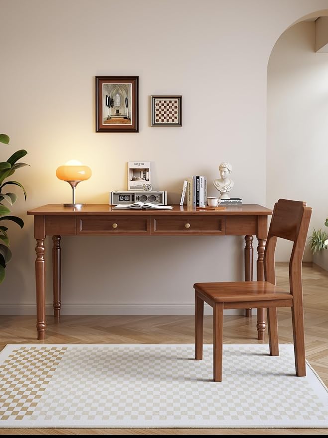 47.2in Country Desk and Chair Set, Home Office Computer Desk with Ergonomic Office Chair, Wooden Writing Desk Study Table, for Bedroom, Office or Student Workstation(Walnut,47.2'' x 23.6'' x 29.5'')