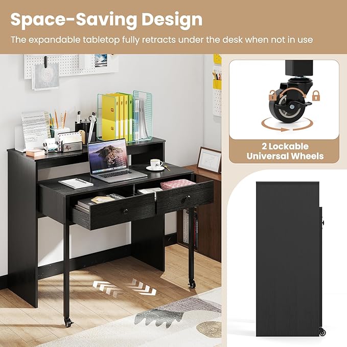 Giantex Small Computer Desk with Hutch & Drawers, Extendable Writing Desk w/Pull Out Secondary Table, Monitor Stand & Rolling Wheels, Console Table, Compact Desk for Small Spaces, Home Office (Black)