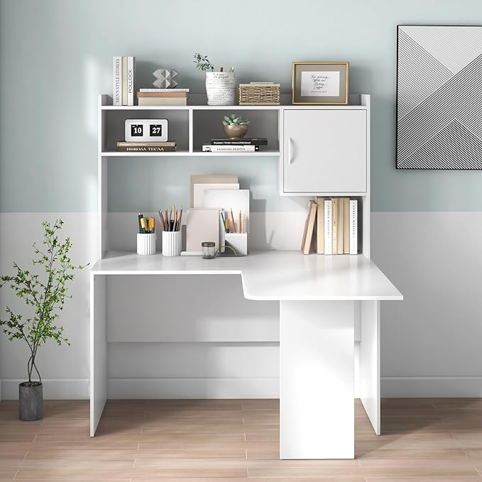 Tangkula L-Shaped Desk with Storage Hutch, Corner Computer Desk with Shelves & Cabinet, Modern Writing Study Table for Home Office, Laptop PC Workstation, White