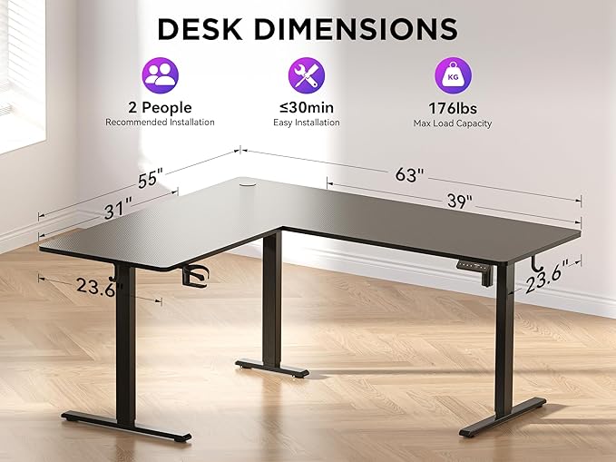 WALKINGDESK 63x55 Inches Reversible L Shaped Standing Desk, Height Adjustable With Cup Holder, Electric Corner Computer Workstation, Sit Stand up Home Office, Ergonomic Gaming, Black
