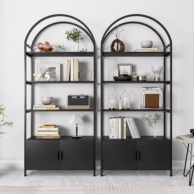 Jehiatek Arched Bookshelf, Bookcase with Doors Storage, 71 Inches Tall Industrial Book Shelf with Sturdy Metal Frame, E1 Quality Boards, Freestanding Display Shelving Unit, Black