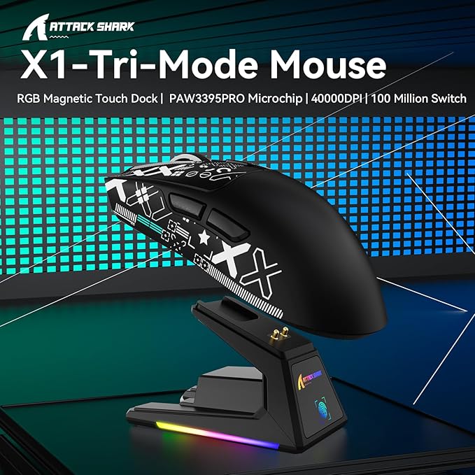 MAMBASNAKE ATTACK SHARK X1 Wireless Gaming Mouse with RGB Charging Dock,PAW3395 PRO Sensor 40K DPI,1KHz Polling Rate 53g Superlight Tri-Mode Computer Mice,5 Programmable Buttons for WIN/MAC-Black&Tape