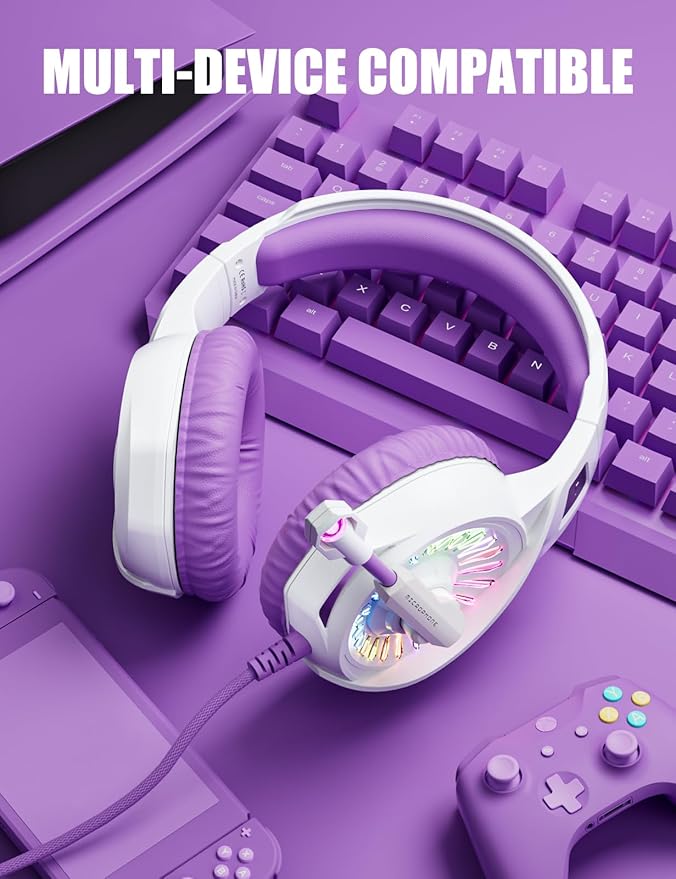ZIUMIER Purple Gaming Headset with Microphone, Compatible with PS4 PS5 Xbox One PC Laptop, Over-Ear Headphones with LED RGB Light, Noise Canceling Mic, Stereo Surround Sound (Purple)