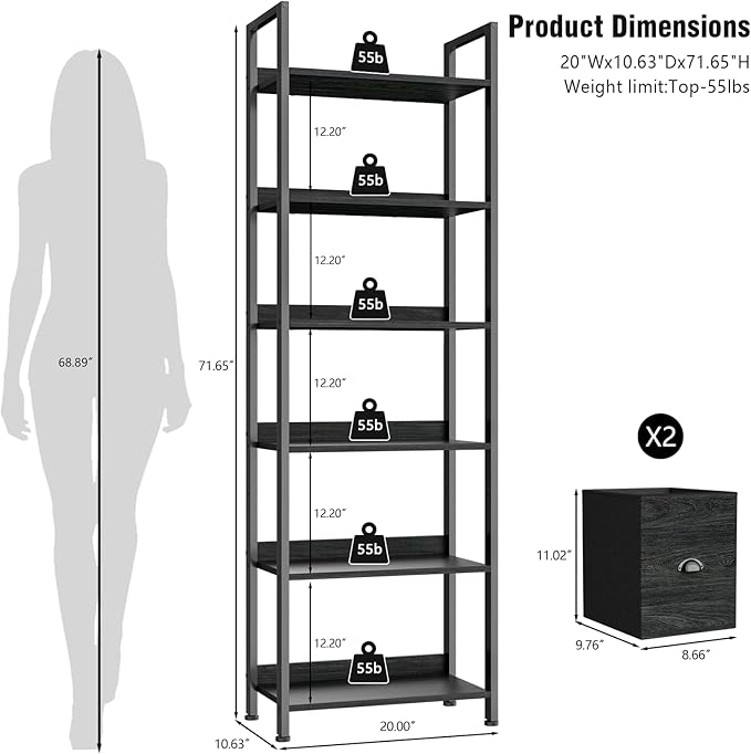 Furologee 6-Tier Bookshelf Set of 2, Tall Bookcase with 2 Drawers and Shelves, Industrial Display Free Standing Shelf Units, Storage Rack Organizer for Bedroom, Living Room, Home Office, Black Oak