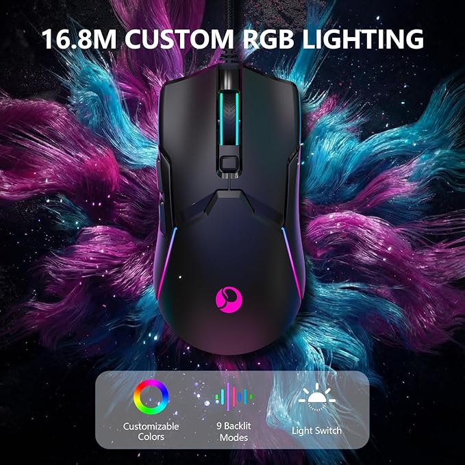 Wired Gaming Mouse,Ergonomic 8000 DPI Optical Gaming Mice with 12 RGB Backlit Modes, 6 Programmable Buttons, DIY Software for PC Gamer & Office