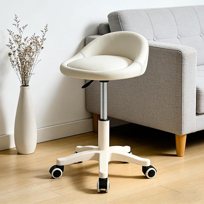 Swivel Rolling Stool with Wheels, Height Adjustable PU Leather Drafting Chair, Round Seat for Salon, Spa, Tattoo, Office, Home Use Beige Set of 1