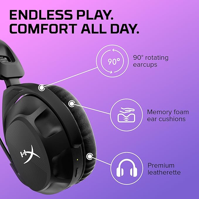 HyperX Cloud Stinger 2 - Wireless Gaming Headset – Compatible with PC. Noise-cancelling Swivel-to-mute Microphone, Comfortable Memory Foam, UP to 20 hours of battery life,Black