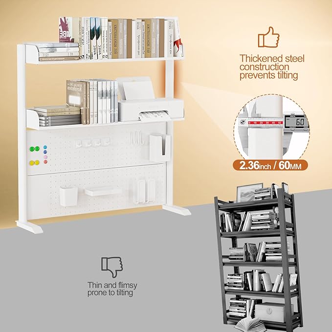 Adjustable Desktop Hutch Bookshelf, Desk Shelf Organizer with Pegboard and Thickened Metal Frame, 2 Tier Display Rack, Countertop Storage, Wood Bookcase for Home, Dorm or Office, White, 38.9" W
