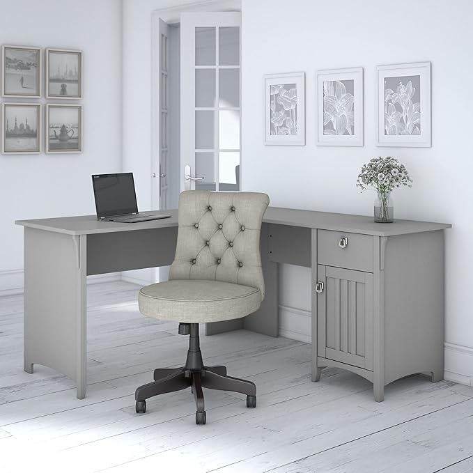 Bush Furniture Salinas 60W L Shaped Desk with Mid Back Tufted Office Chair