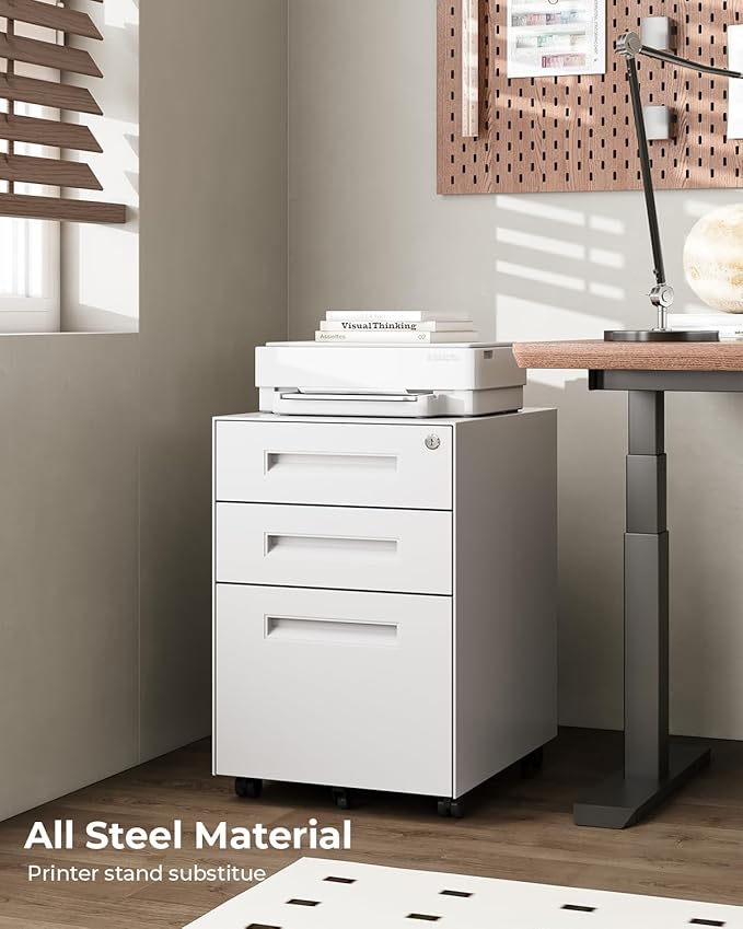 Dripex 3 Drawer White File Cabinet, Mobile Under Desk Storage File Cabinet with Lock on Wheels, Fully Assembled, Letter/Legal Size, Small Short Vertical Metal Rolling Filing Cabinets for Home Office