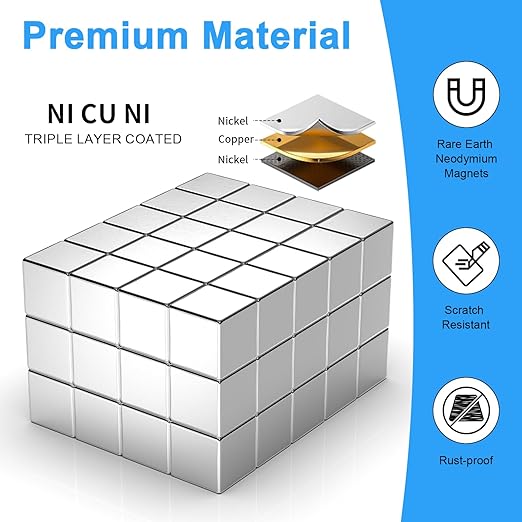 60 Pack 5x5x5 mm Cube Rare Earth Neodymium Magnets, Powerful Small Strong Metal Rectangular Bar Magnetic Strip Magnet for Fridge Garage Kitchen Science Craft Office, Silver