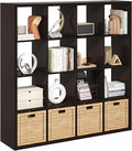 Furinno Cubicle Book Shelf, 16-Cube Bookshelf, Extra Thick Frame Reversible Bookcase with Open Back, 14.6" x 58" x 58", for Living Room, Bedroom, Home Office, Black Dark Oak