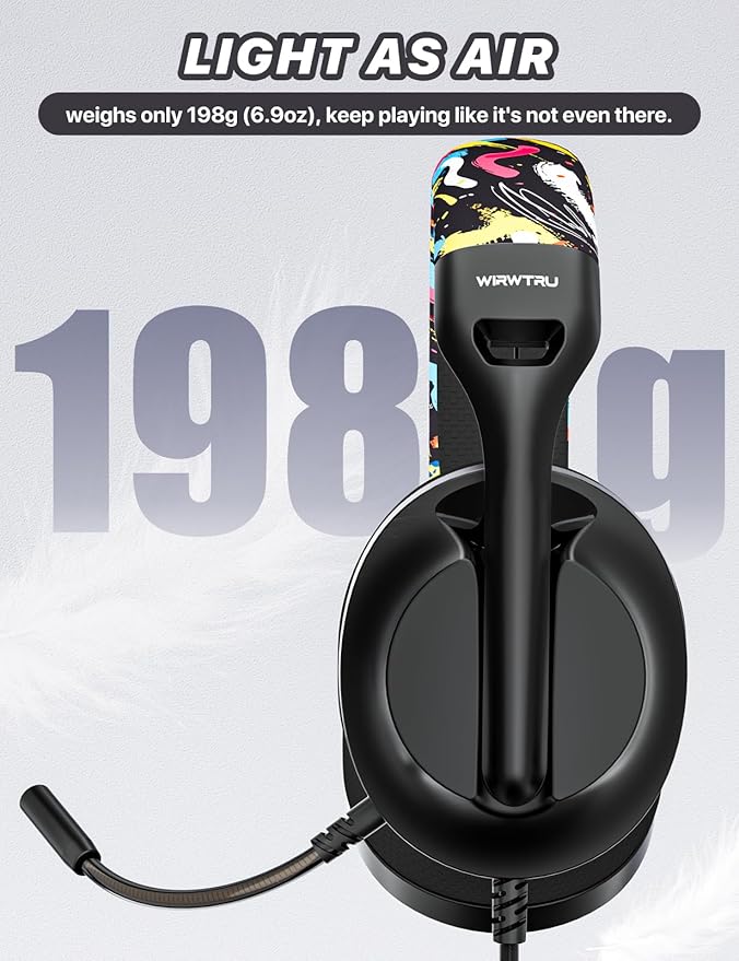 WIRWTRU S30 Gaming Headset with Microphone,198g Lightweight Design, Wired Gaming Headphones for Xbox, Xbox Series X|S, PS5, PS4, Switch, PC, Noise Cancelling Mic, Soft Earmuffs (Graffiti)