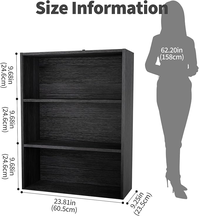 Sweetcrispy Industrial 3 Shelf Bookcase - Large 31.5 Inch Tall Floor Standing Open Bookshelf for Home Office, Living Room, and Bedroom Storage, Classic Black
