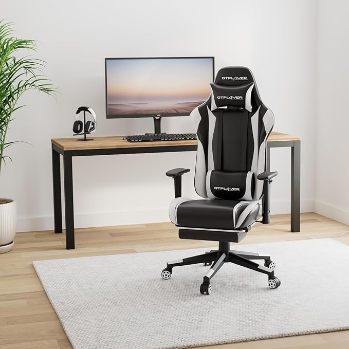 GTPLAYER Gaming Chair with Footrest, Ergonomic Computer Game Desk Chair, Reclining Gamer Chair Seat Height Adjustment, Swivel Rocker with Headrest and Lumbar (White)