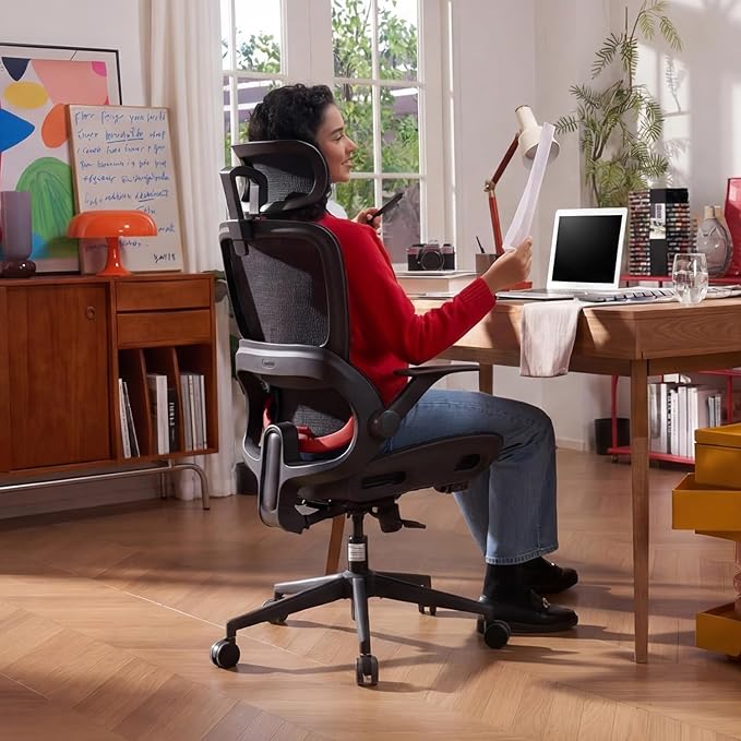 SIHOO B100 Office Chair, Comfy Ergonomic Office Chair, Computer Chair with Adaptive Lumbar Support & Wide Headrest, Flip-up Armrests, Swivel Desk Chair for Long Hours, Without Footrest, Black