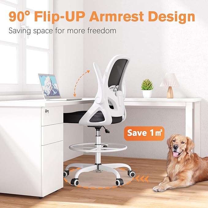 ORRSAKER Drafting Chair Tall Office Chair for Standing Desk, Breathable Mesh Ergonomic Computer Desk Chair with Flip-Up Armrests, Adjustable Lumbar Support and Footrest Ring,300 LBS，White