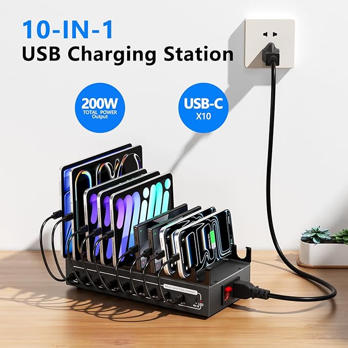 200W Charging Station for Multiple Devices, USB C Fast Charger Station, 10 Ports Desktop Multi-Port Fast Charger with Storage Dividers, Compatible with Cellphone, Kindle, Tablet, iPhone, iPad and More