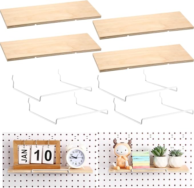 Wonderjune 4 Pcs Wooden Pegboard Shelves with Metal Pegboard Shelf Brackets Peg Board Display Storage Tray Wall Organizer Peg Board Accessories for Craft Room Home Kitchen (Brown,13.78 x 5 Inch)