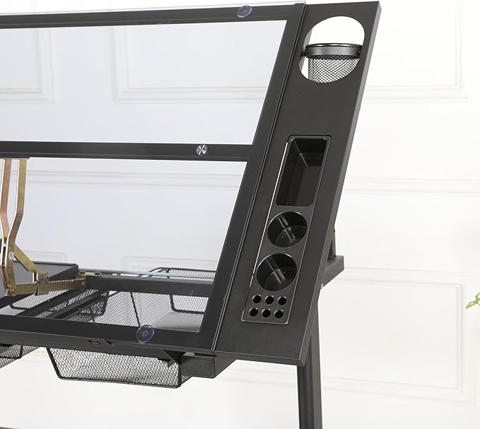 Miscoos Hand Crank Adjustable Drafting Table Drawing Desk with 2 Metal Drawers and Stool, Black, Tempered Glass, Sheet Metal