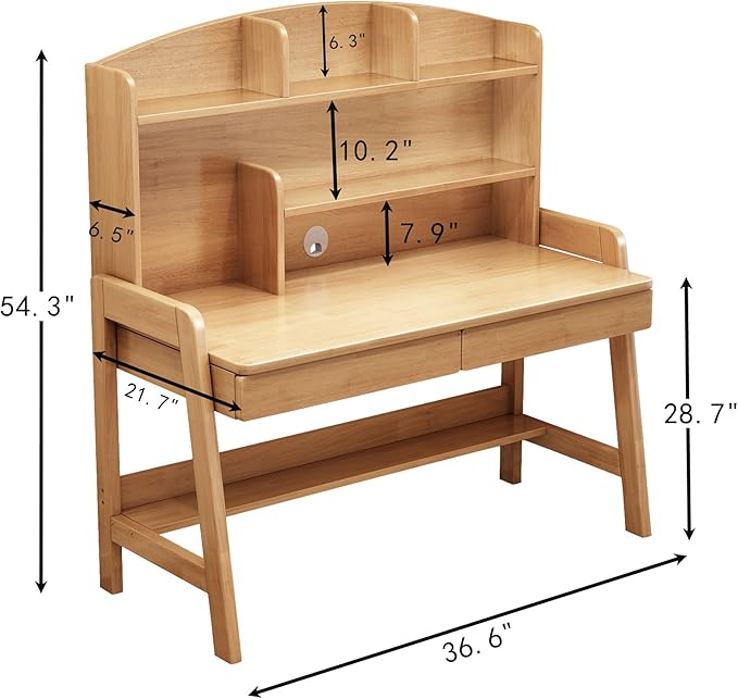 Kids Desk Kids Table Wooden Children’s Study Desk with Bookshelf＆Two Drawers Children Study＆Writing＆Computer＆Workstation for 3 and Above(Nature