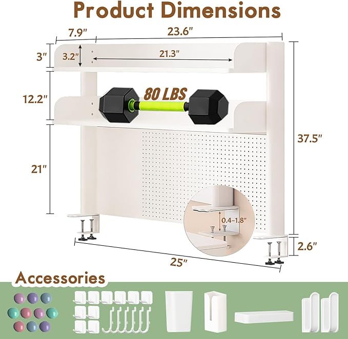 Clamp On Desk Shelf Organizer with Pegboard Desk Hutch Dorm with Storage Bookshelf Desk Top Organizer Shelf Multi-Purpose White & Black Desktop Shelves & Office Shelves (White, W - 23.6")