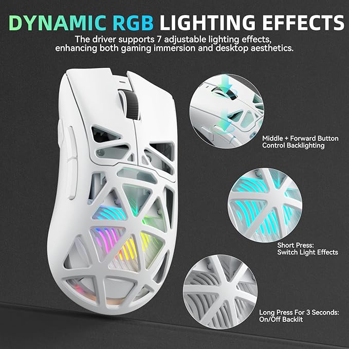 Aula SC620 Wireless Gaming Mouse, Tri-Mode 2.4GHz/USB-C/BT5.3 Computer Mouse with 12000 DPI, Programmable Macro Gamer Mouse with Rapid Fire Key, RGB Light White Gaming Mice for PC/Laptop/Mac