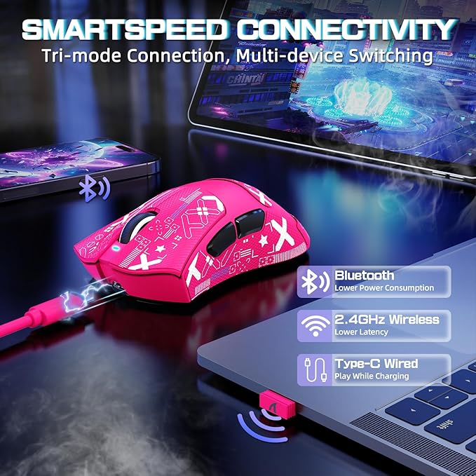 ATTACK SHARK V3PRO Wireless Esports Gaming Mouse with Magnetic Charging Dock:62g Lightweight-1K Polling-25K DPI-PAW3311 Sensor,Wired/BT/2.4Ghz Programmable,BK52820 IC for PC Mac Gamer(Berry Red+Tape)