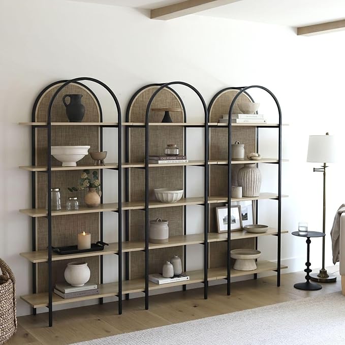 Nathan James Amara Bohemian 5-Shelf Etagere Bookcase, Rattan Open Bookshelf with Arch Top, Light Oak/Matte Black, Set of 4