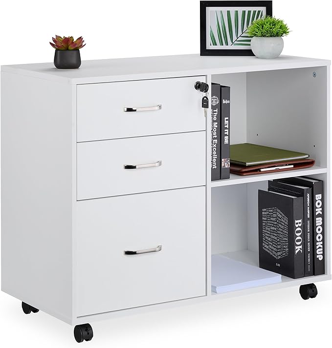 Relaxdays Rolling Container, 3 Drawers, 2 Compartments, Hanging Files, H x W x D: 66 x 80 x 40 cm, Lockable Filing Cabinet, White