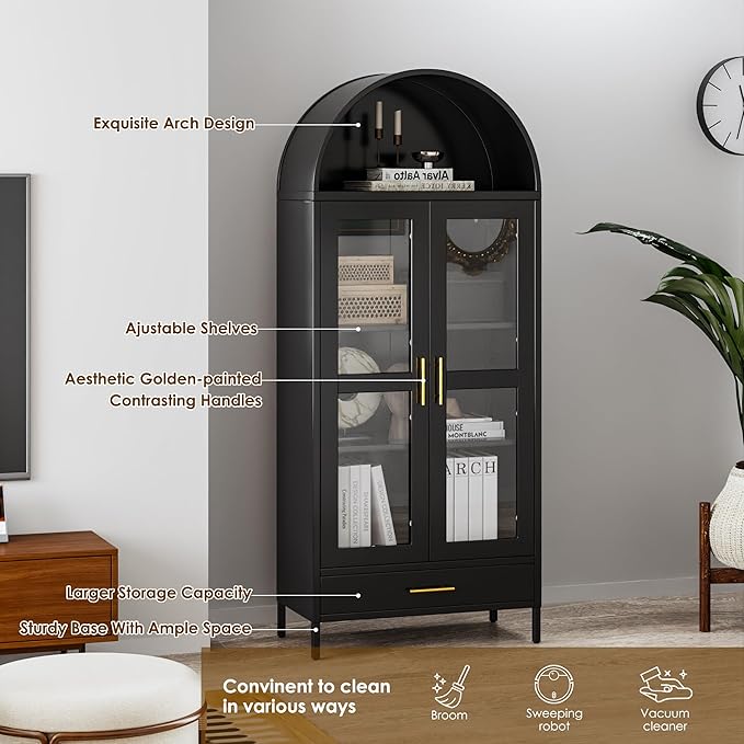 VEXPOR 73" Tall Arched Display Cabinet with Glass Doors, Metal Arched Curio Cabinet with Drawer for Living Room, Home Office, Assembly Required, Black