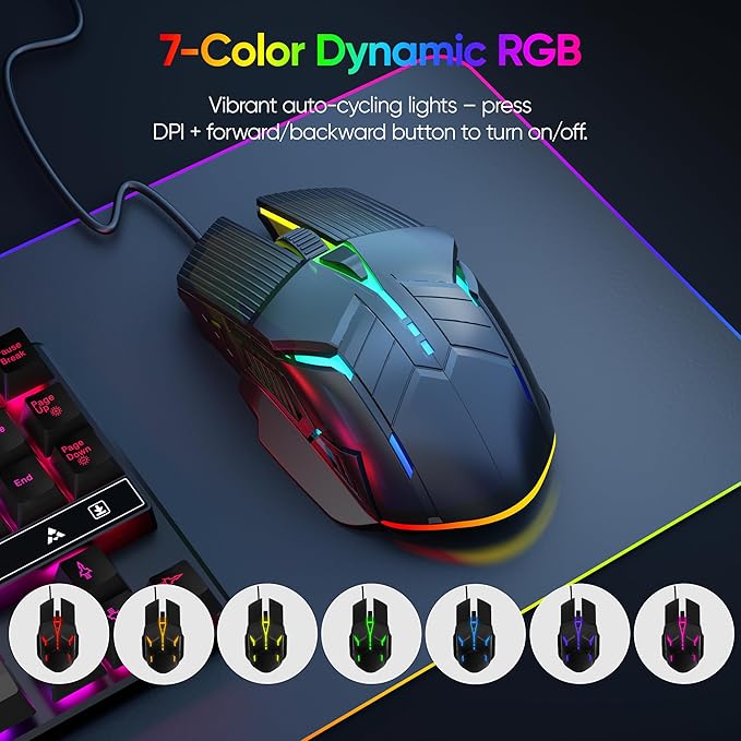MELOGAGA Wired Gaming Mouse - Lightweight USB Optical Computer Mice with 7-Color RGB LED Lights, 4 Adjustable DPI (1200-3200), 6 Buttons, Ergonomic Design for Windows (S800-Black)