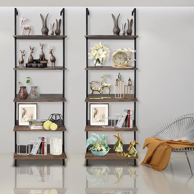 Wolawu 5 Tiers Ladder Shelf 2-Piece Black Modern Tall Bookshelf Open Large Tall Wall Mount Storage Bookcase Standing Leaning Wall Shelves Industrial Decorative (Brown)