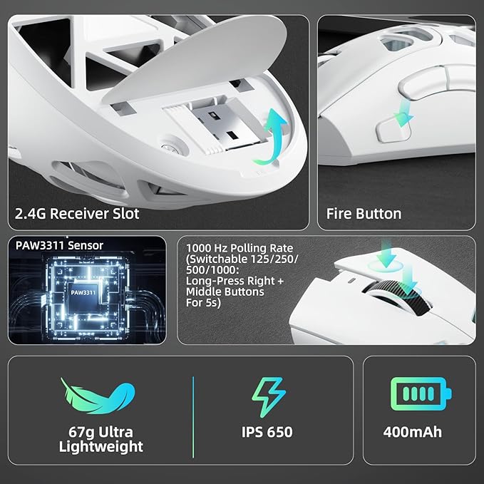Aula SC620 Wireless Gaming Mouse, Tri-Mode 2.4GHz/USB-C/BT5.3 Computer Mouse with 12000 DPI, Programmable Macro Gamer Mouse with Rapid Fire Key, RGB Light White Gaming Mice for PC/Laptop/Mac