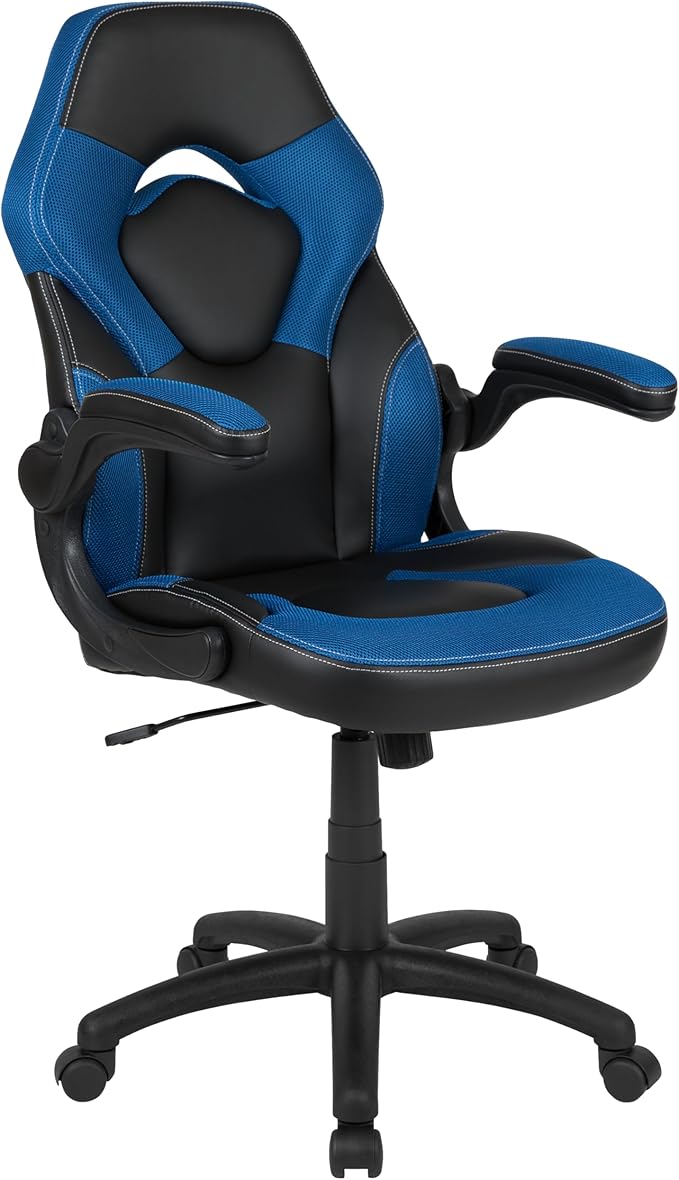Flash Furniture Optis Black Gaming Desk and Blue and Black Racing Chair Set with Cup Holder, Headphone Hook & 2 Wire Management Holes