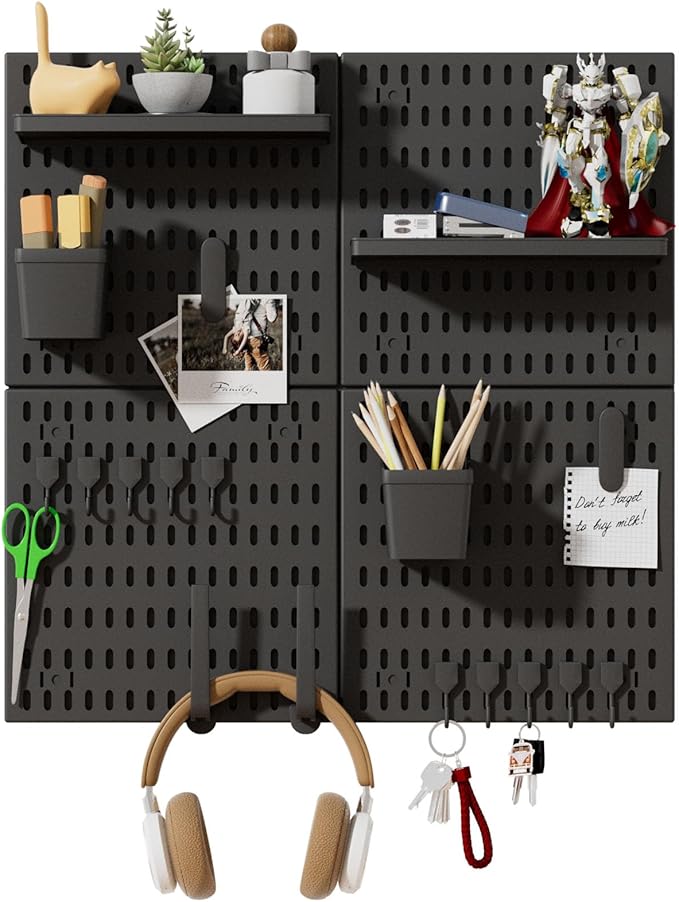 SHGJ&SOFT Peg Board Wall Organizer Panels, 22pcs - Includes 4 Black Pegboards & Accessories, Plastic Pegboard for Home，Office, Craft Room, Gaming Setup, 24″×24″, Wall Mount Display Pegboard Panel Kits