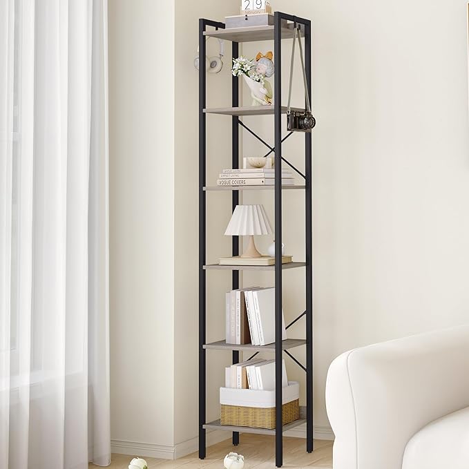 Hzuaneri Bookshelf, Book Shelf, Industrial Bookcase with 2 Hooks, Coner Shelf Storage Organizer for Home Office, Living Room, Bedroom, Kitchen, 6-Tier Greige BC10705B