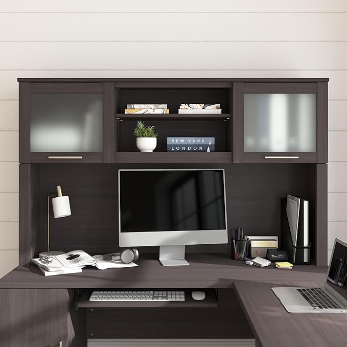 Bush Home 60-Inch Desk Hutch, Office Storage Organizer with Shelves, Cubbies and Frosted Glass Doors for Computer Desk, Home Office Furniture, Somerset Collection, Storm Gray